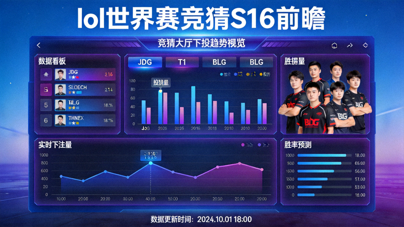 lol世界赛竞猜S16前瞻配图，展示英雄联盟竞猜大厅下注趋势速览的数据看板
